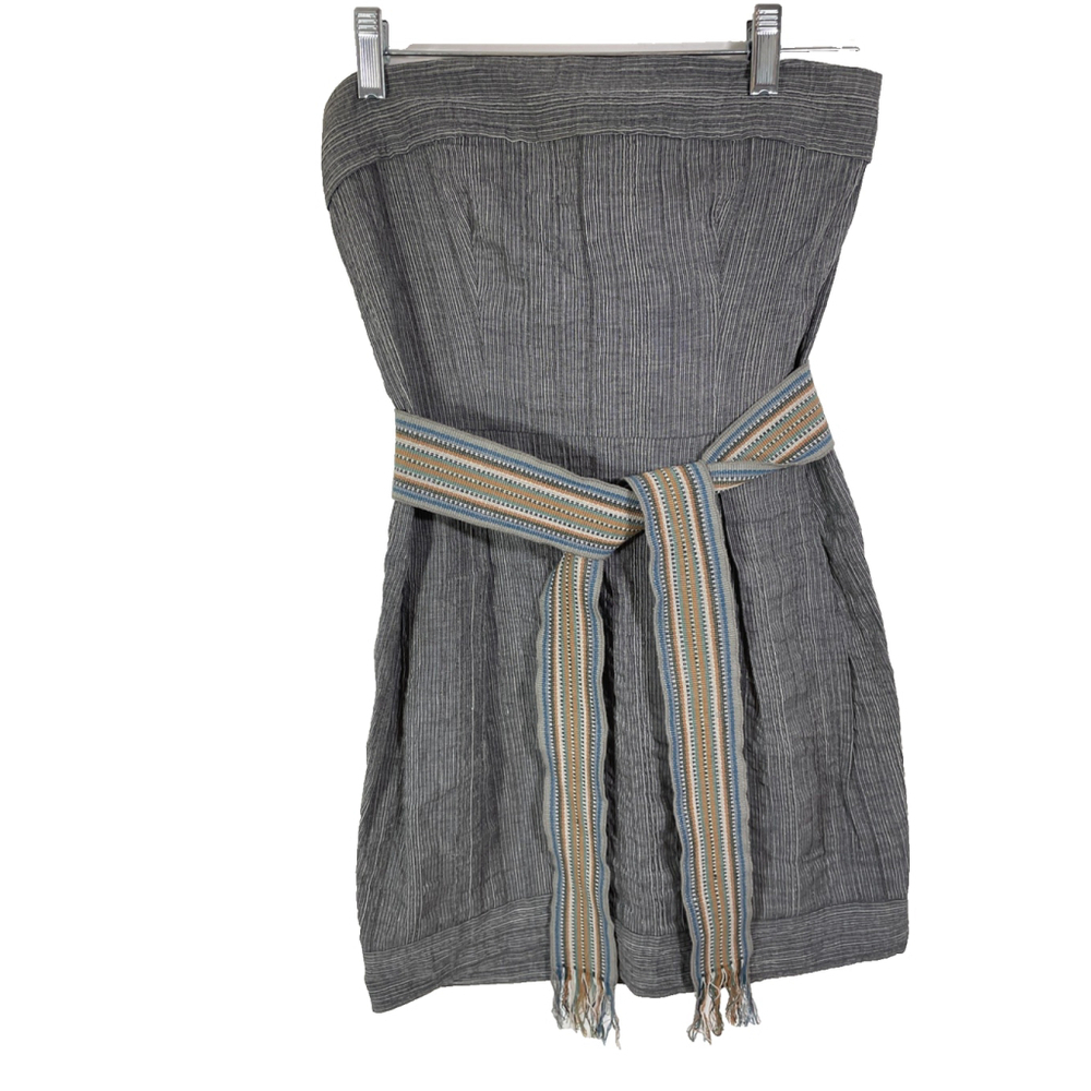 L'Agence Gray Pinstripe Strapless Belted Mini Dress Sz 2 Pockets
